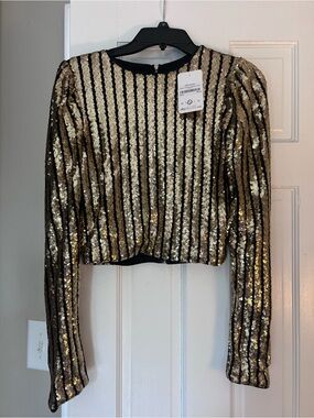 Gold Sequin Striped Long-Sleeve Crop Top